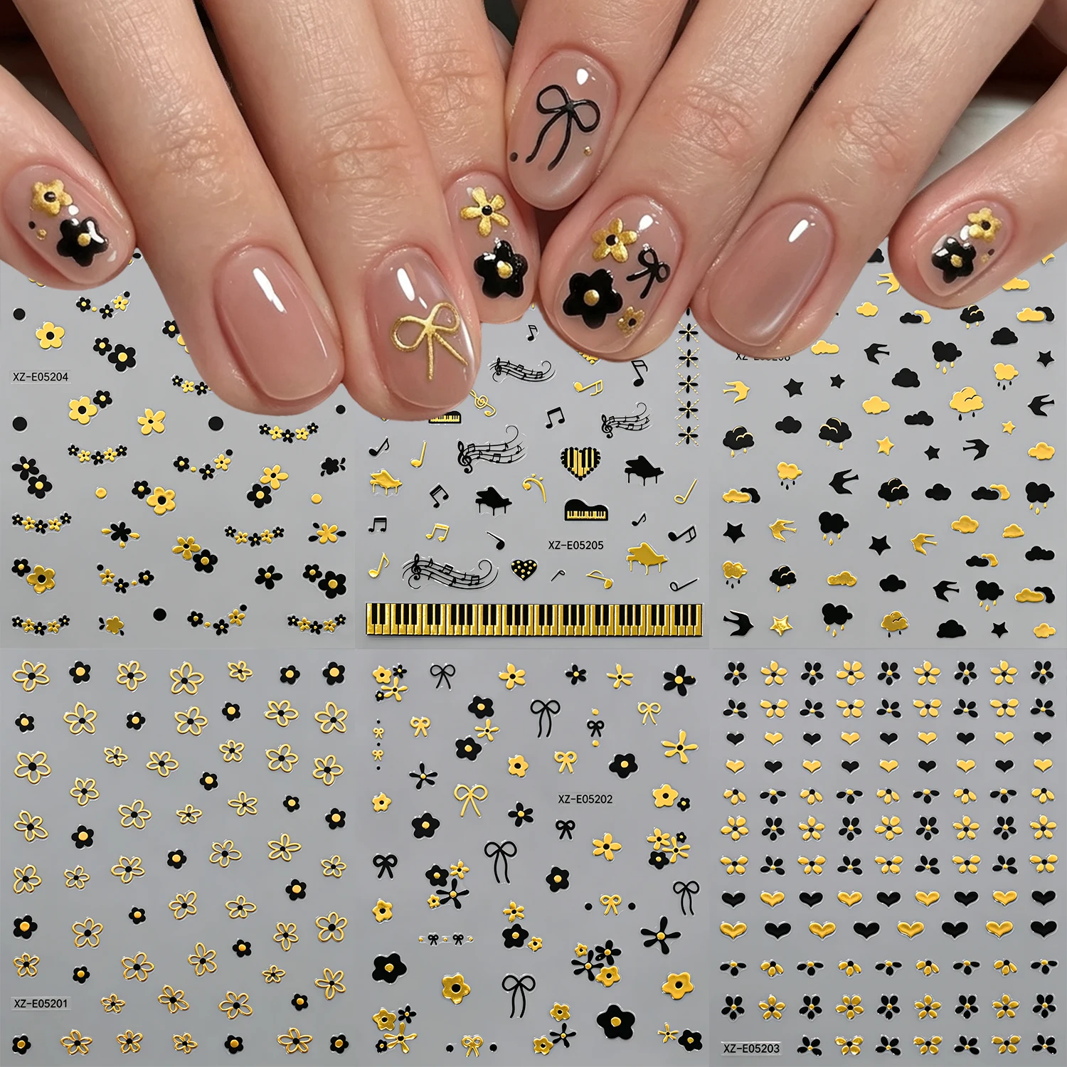6Pcs Bronzing Gold Flower Bow Nail Sticker 3D Black Gold Heart Clouds Piano Notes Self-adhesive Nail Decals DIY Floral Nail Deco