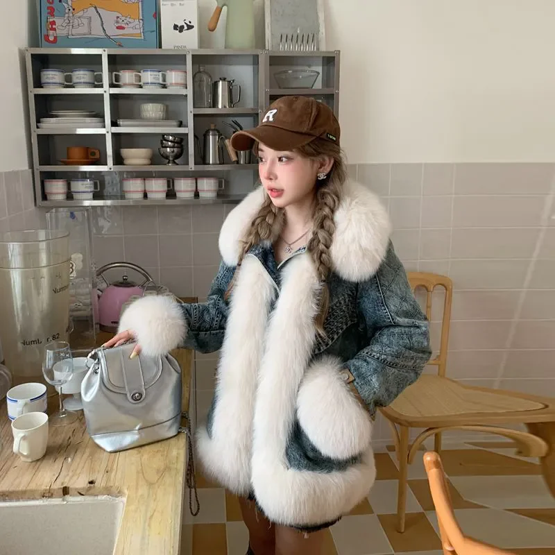 Stylish Autumn Winter Women Parka Coat Warm Denim Overcoat Faux Fur Collar Qulited Jacket Casual Warm Coat Female Outwear