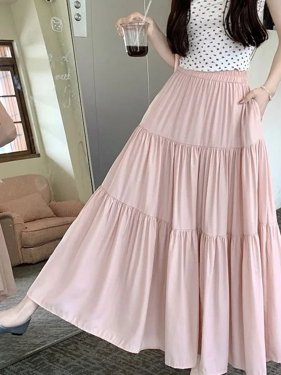 Summer New Gentle Sle Women's Skirt Waist Cinching A-Line Long Skirt Layered Slimming High Waist Polyester Fabric