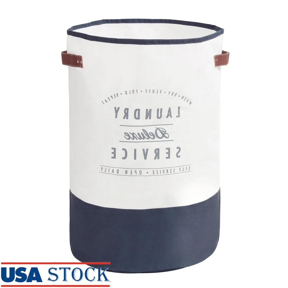 

Ivory Grey Canvas Laundry Hamper Round Foldable Water Resistant Storage Basket with Faux Leather Handles Small Spaces