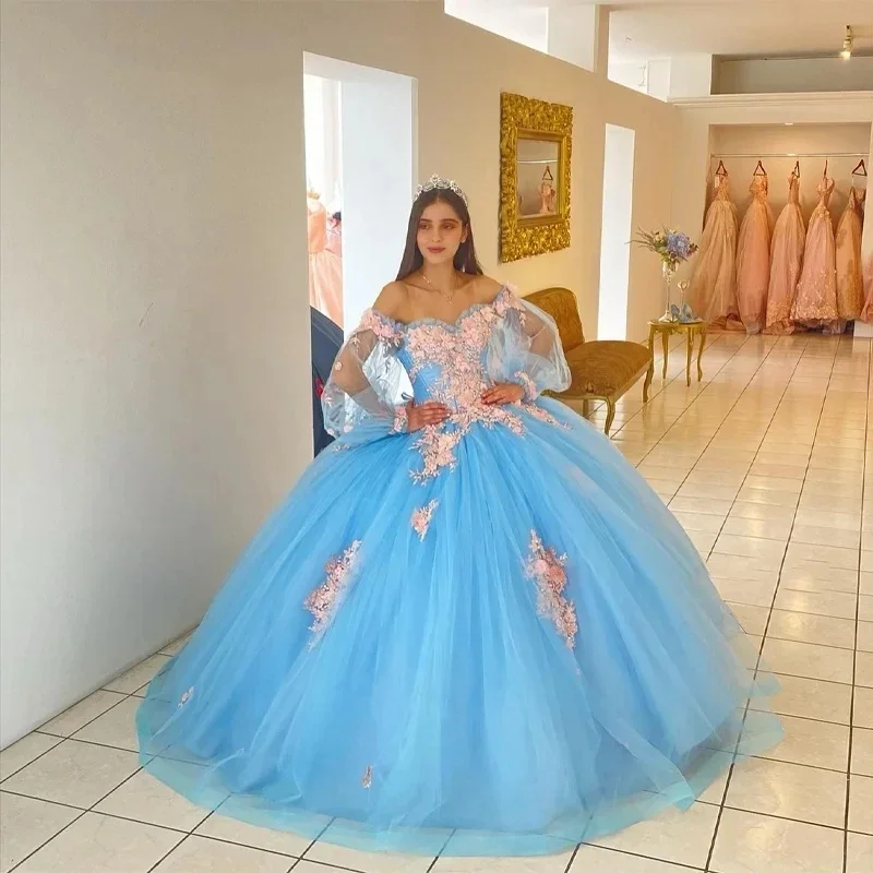 Sparkly Blue Quinceanera ปิดชุดไหล่ Vestidos De 15 Anos อย่างเป็นทางการเจ้าหญิงวันเกิด Party Party Prom Gowns ที่กําหนดเอง