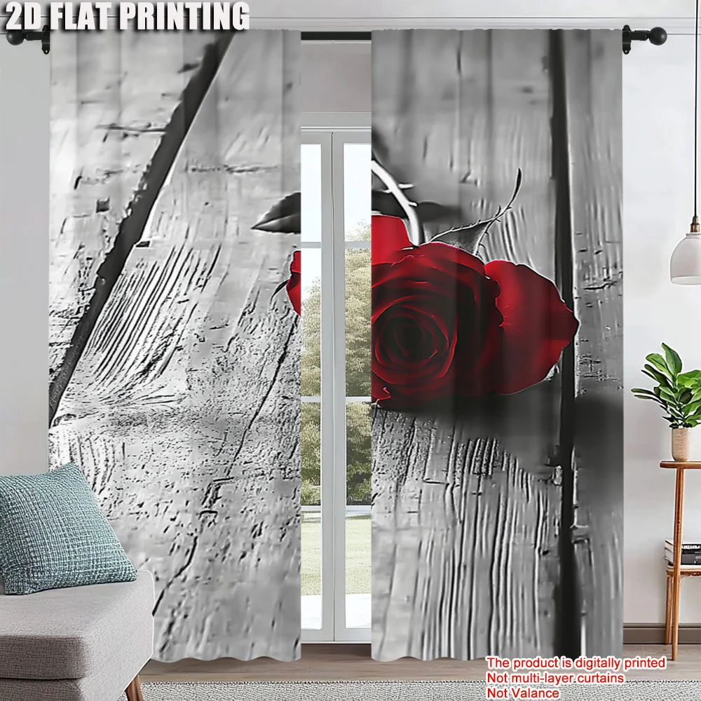 

2Pcs Art Decor Romantic Red Rose Window Curtains Valentine'S Day Dreamy Decorative Drapes Machine Washable For Bedroom And