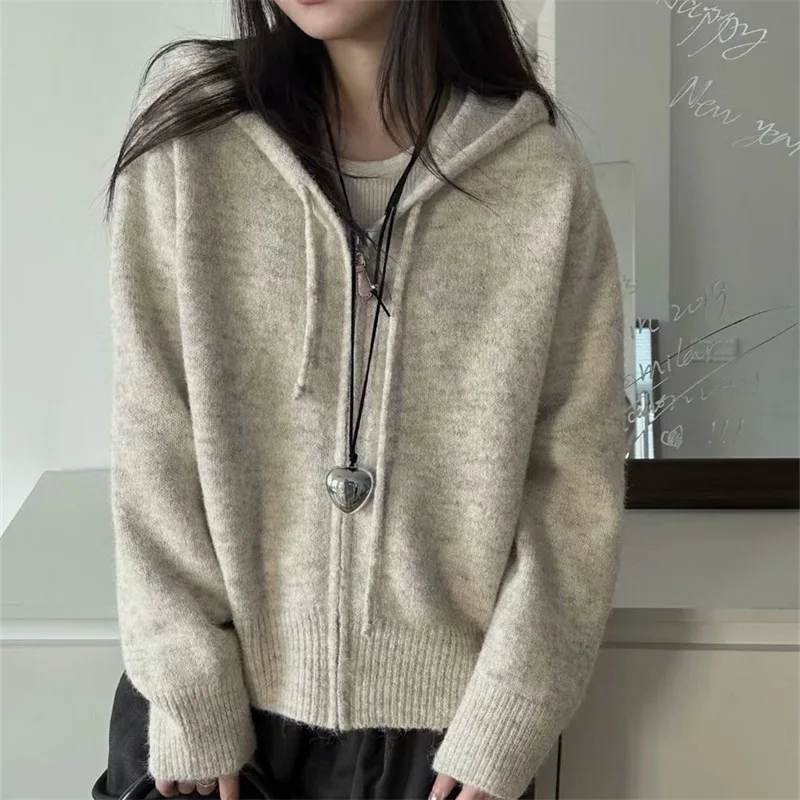 

Осень-зима, женский кардиган с капюшоном, однотонный трикотаж, свитера на молнии с длинными рукавами, шикарная уличная одежда, женские тонкие вязаные топы