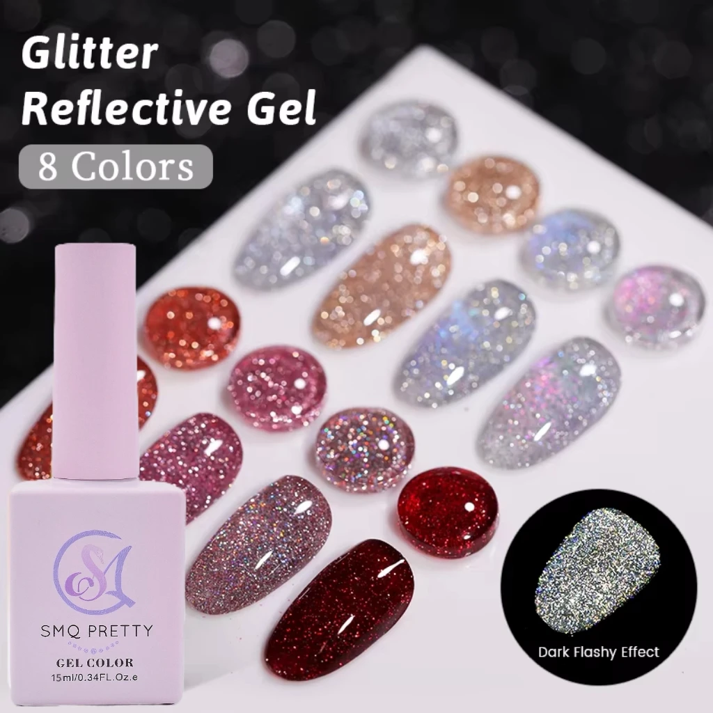 15ml silver reflective nail gel polish with glitter, semi-permanent, removable by soaking,  gel for shiny effect nail art care
