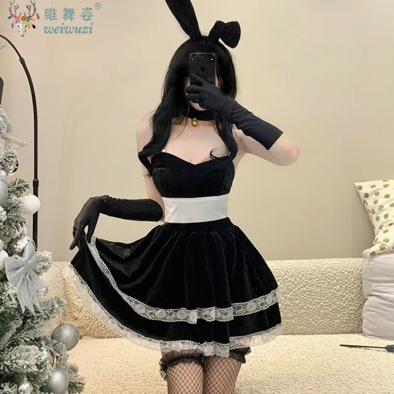 

Valentine's Day Christamas Costume Adult Women Cosplay Costume Black Dress Sexy Bunny Girl Velvet Lace Fancy Outfit NightClub