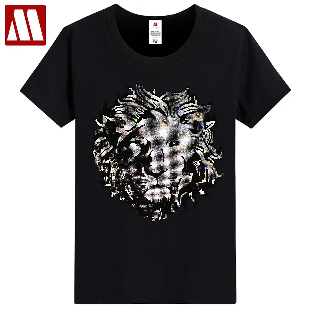 2024 Summer Man Short Sleeve Diamond T-shirt Boys Rock Punk Style New Lion King Print Cotton Tshirt Brand Trend Tops Pullover