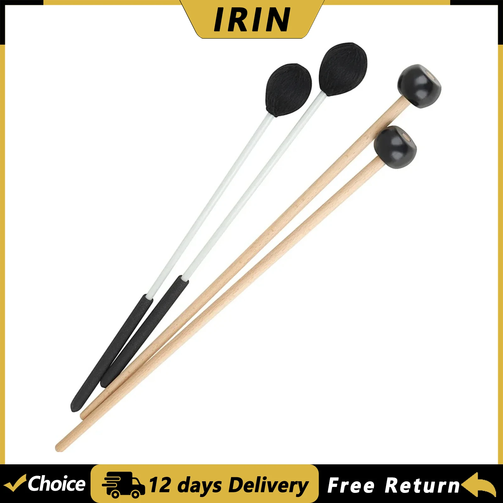 IRIN Juego de 2 pares de baquetas para marimba, con cabezal de goma y cabezal de lana, accesorios y piezas para instrumentos de percusión