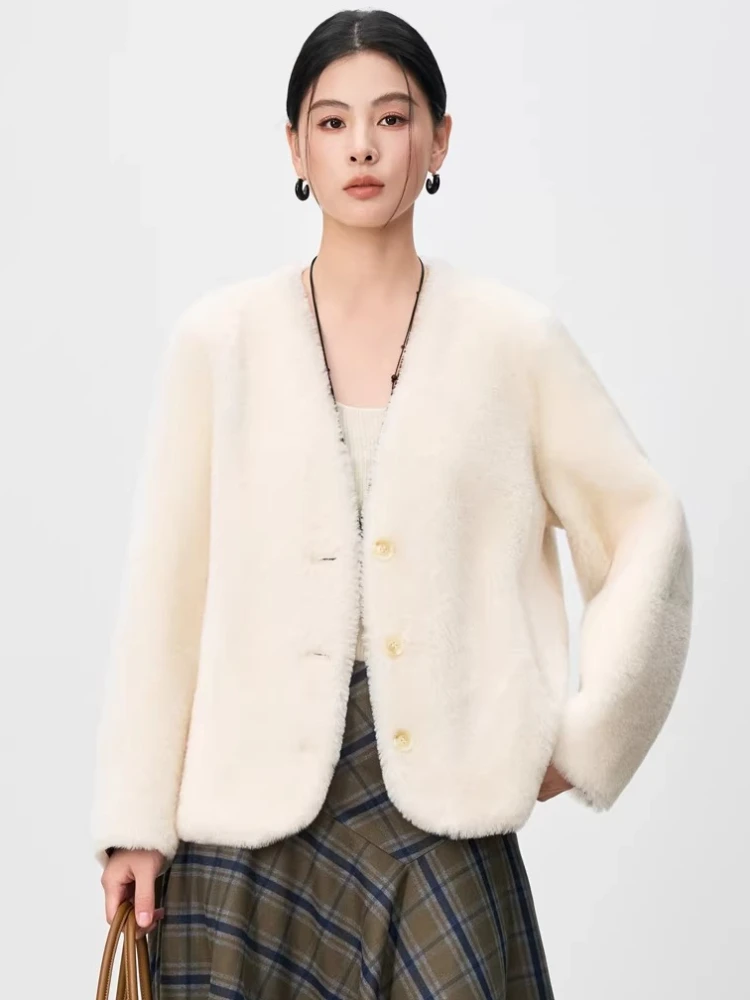 

High-end Luxury Merino Sheep Fur Lambswool Jackets for Women 2026 New Simple Classic V-neck Winter Genuine Leather Real Fur Coat