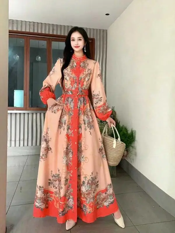 

Elegant Slimming Print Collar Ethnic Style Single Row High Waist Dress New Fashion Women's Clothing Gentle Color Stage Costume