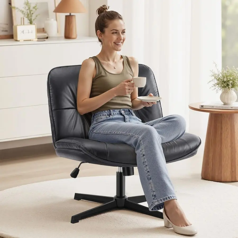 

Criss Cross Chair Without Wheels, Cross Legged Office Chair, Armless Wide Vanity Desk Chair with Comfy PU Leatheram Customizable