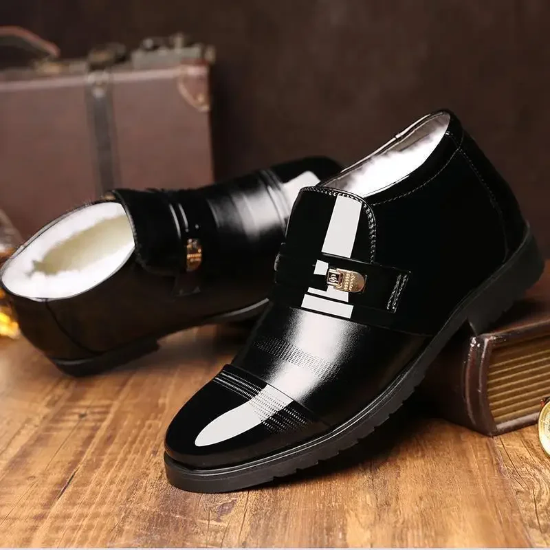 Men's Anti Slip Snow Boots Winter Fleece Lined Cotton Padded High Top Leather Shoes Warm Thick All Match Business Casual Slip On