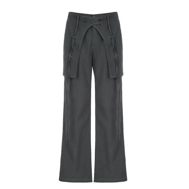 Pantaloni a gamba larga da ballerino Hippie grigio a vita bassa pantaloni Cargo con orlo a nastro Patchwork Y2K pantaloni larghi Grunge coreano