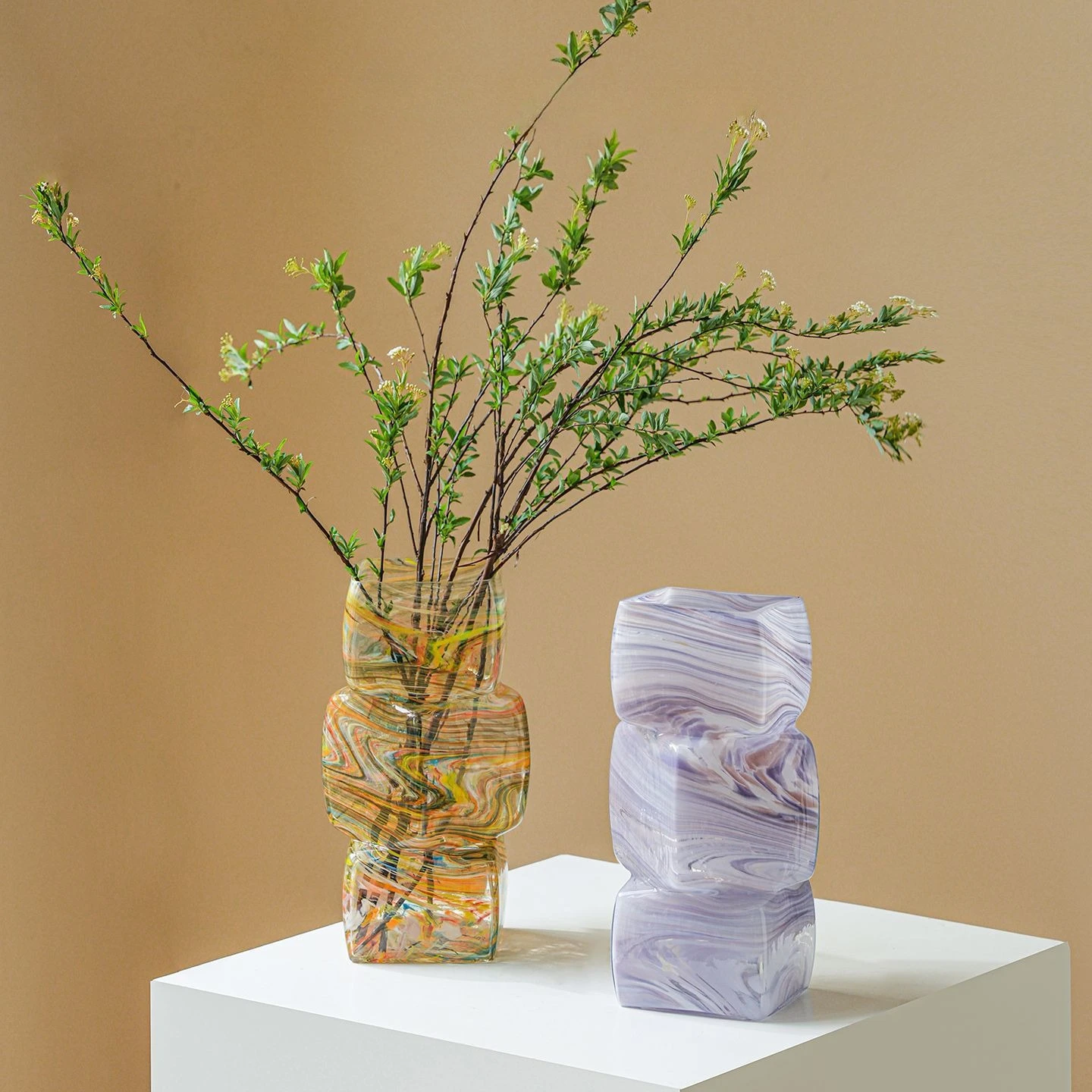 Gradually Changing Color Glass Vase Geometric Blocks Assembled Transparent Flower Vase Terrarium Home Decoration Accessories