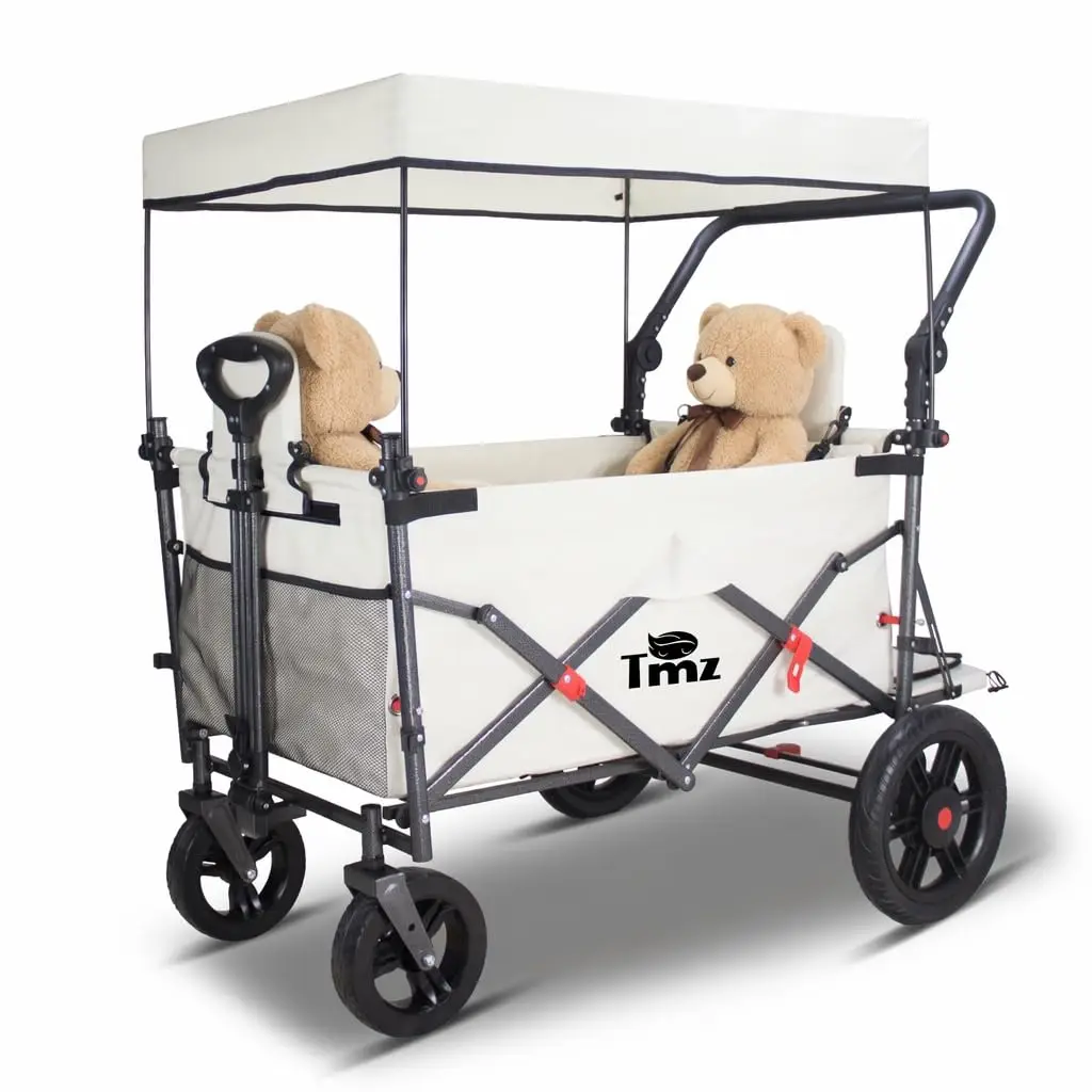 Collapsible Wagon with 2 Foldable Seats, Folding Cart with Removable Canopy, Heavy Duty Wagon 265LBS Load Capacity for