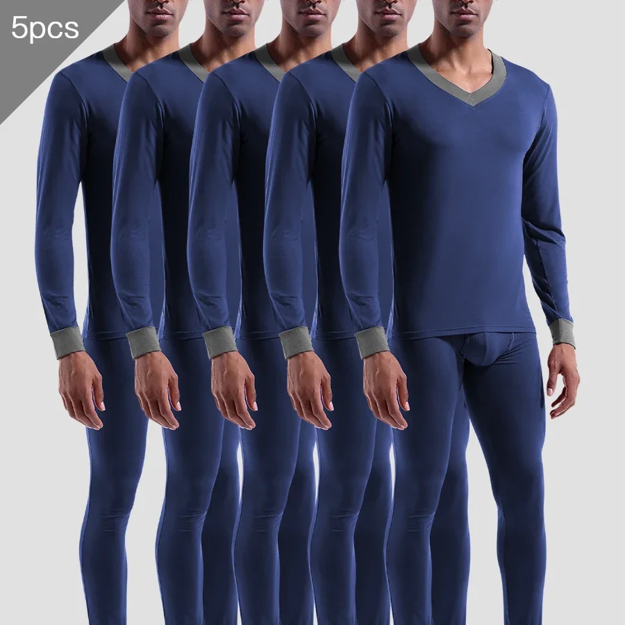 

5pcs Men's thin Modal V-neck basic slimming base layer youth thermal underwear, long Johns and thermal underwear set