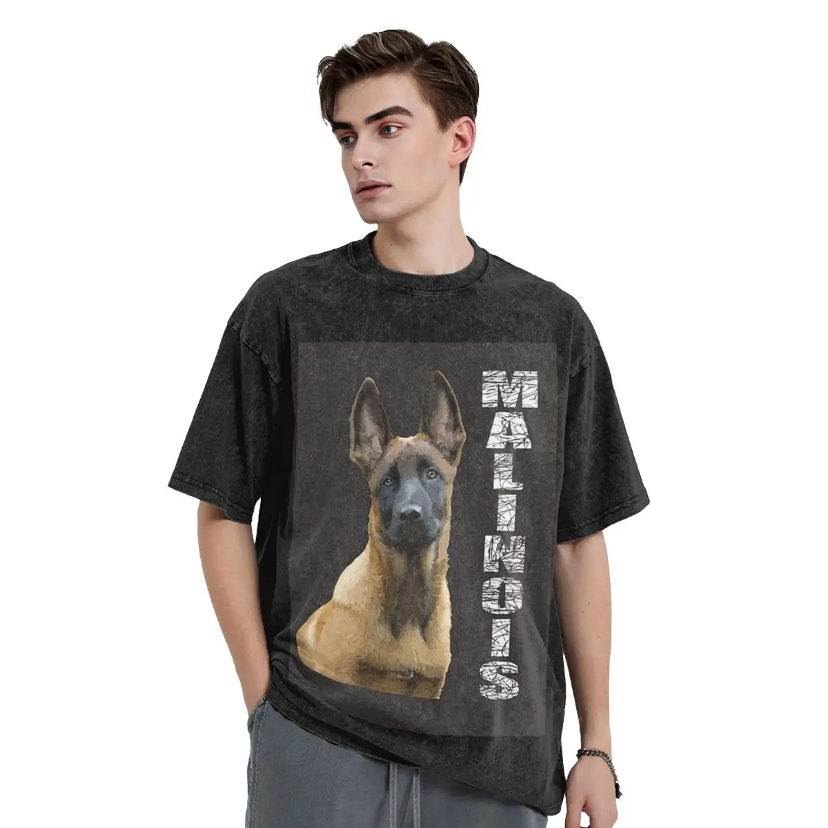 

Belgian Shepherd Dog Malinois Washed T Shirts Vintage Short Sleeve Hip Hop T-Shirt Streetwear Tops Tees for Men Women