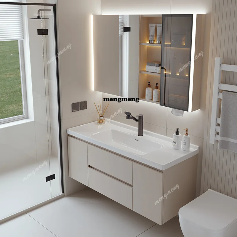 

Cream Style Washbasin Bathroom Cabinets Combined Ceramic Integrated Basin Bathroom Cabinets Mirror Storage Furniture Kast
