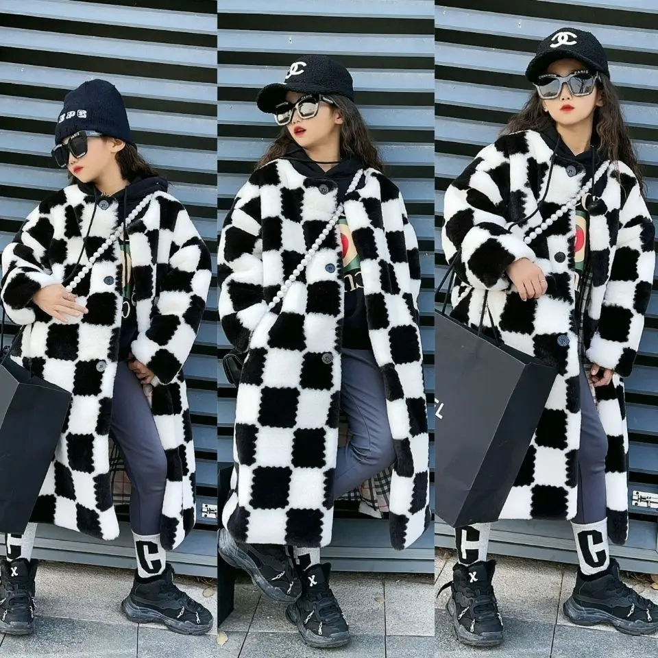 New autumn and winter children's fur long coat rabbit fur black and white grid Korean  girls' coat thickened and warm