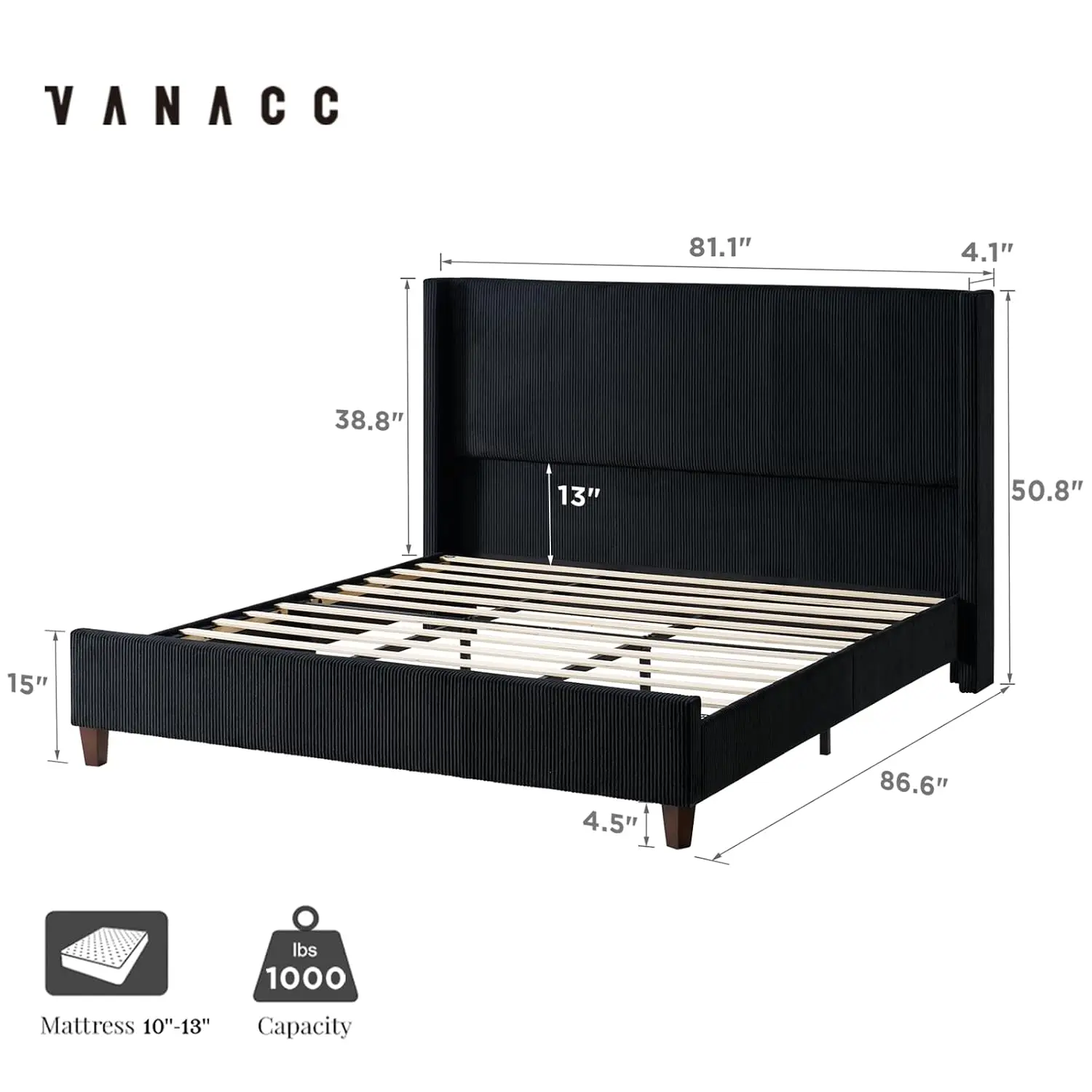 Corduroy Upholstered Platform Bed with Wingback Headboard, King, Customized