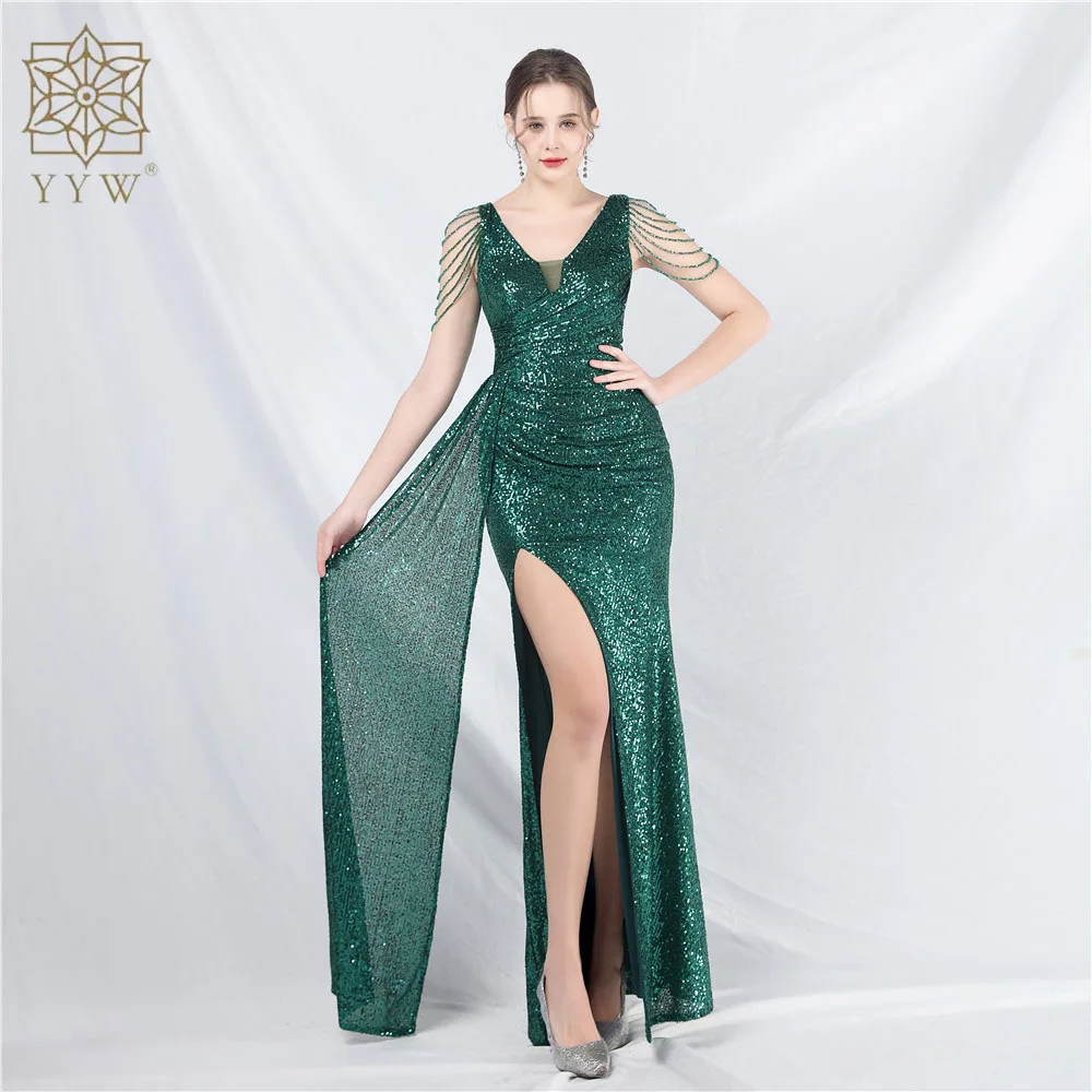 Elegant V Neck Mermaid Evening Dress Long Luxury Beads Women Evening Party Dresses 2024 New Formal Dress Sequin Slim Side Slit