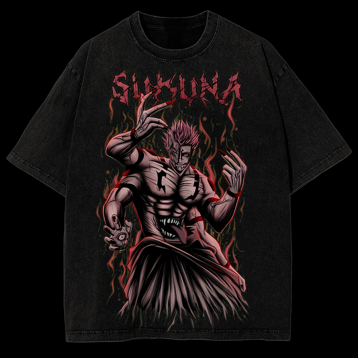 

Jujutsu Kaisen Ryomen Sukuna Four-Armed King of Curses T-shirt, Vintage Washed Black Anime Fire Print Oversized Streetwear Top