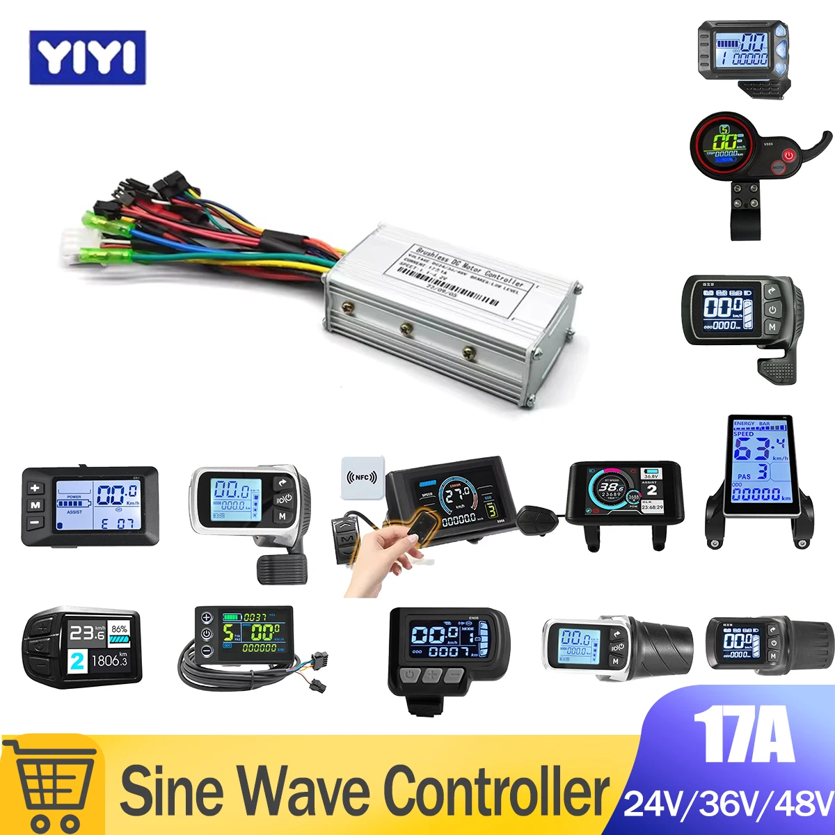 17A Sensorless Ebike Controller for Electric Bike 250W 350W Sine Wave Controller with Display S966 NFC Display V889 Uart2