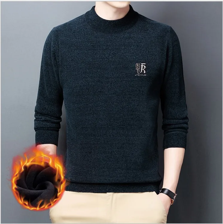 Fleece-lined Thick Chenille Men's Knitwear Autumn and Winter New Half Turtleneck Thick Warm Embroidered Sweater