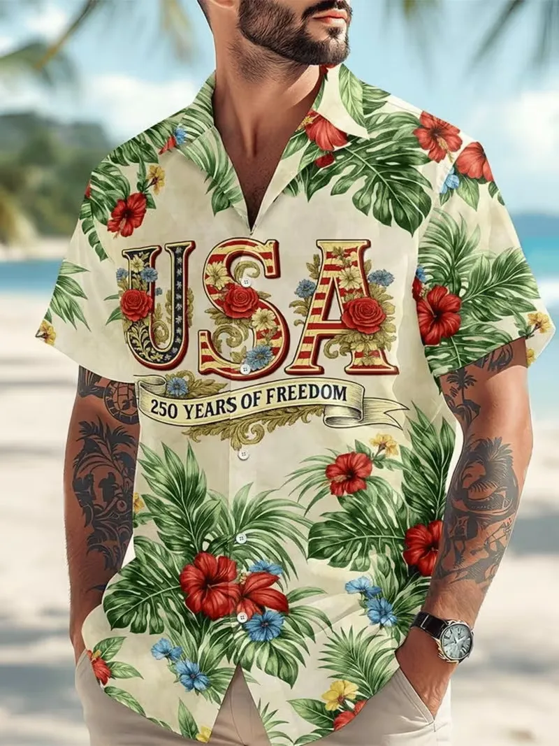 USA 250th Anniversary Patriotic Hawaiian Shirt For Men 4th Of July Independence Day Short Sleeve Button Up Beach Shirt