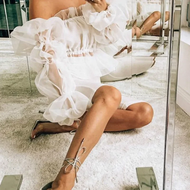 Lantern Sleeve Sexy Pink Blouses Shirts Women Transparent Mesh Off Shoulder Summer Blouse Ruffle Strapless Blusa Cotton Backless