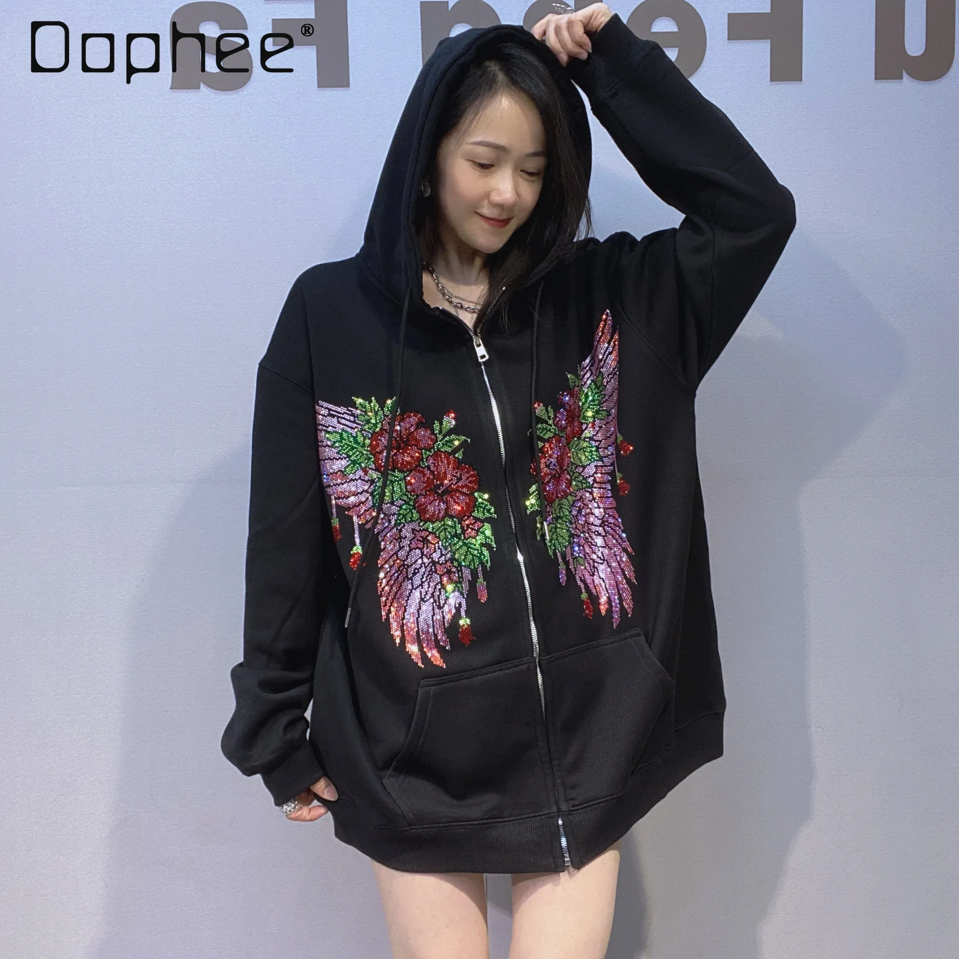 

Толстовка с капюшоном, модная свободная женская одежда, красочный кардиган с бриллиантами, куртка на молнии, женский зимний флисовый топ