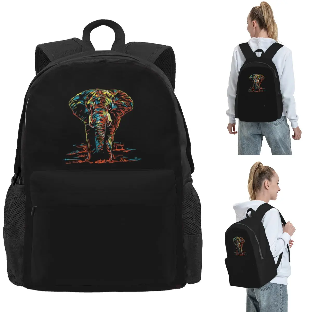 Colourful Abstract Elephant Neon Illustration Backpack Daypack Large Capacity BookBag School Bag Shoulder Bags for Men Women