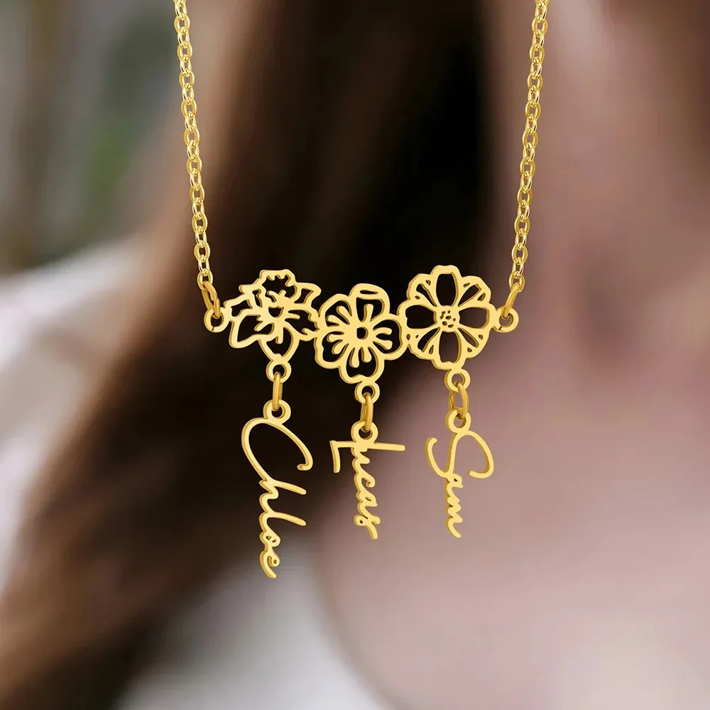 

Персонализированное ожерелье с цветком на день рождения, индивидуальный кулон из нержавеющей стали с несколькими именами, ожерелье с камнем декабря