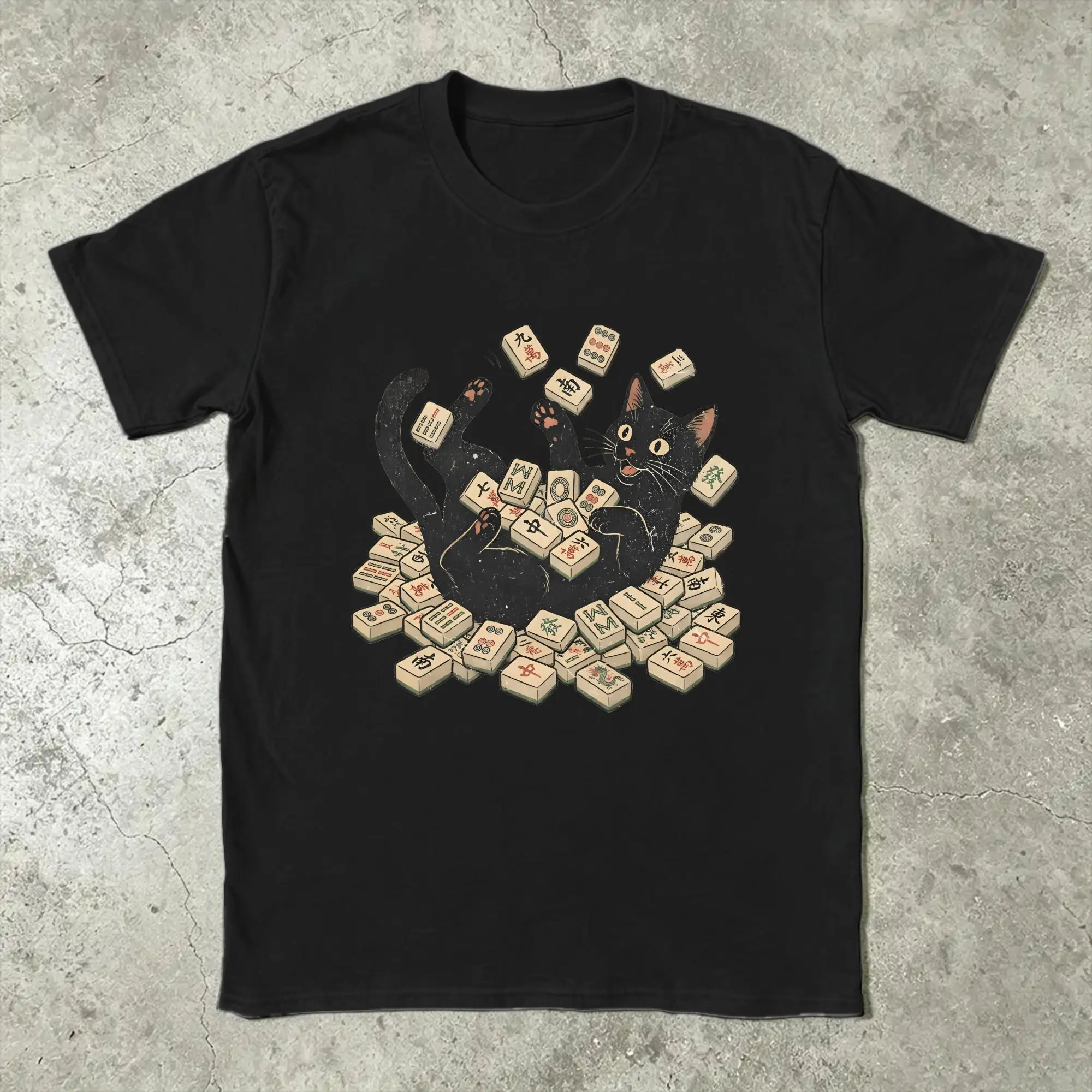 Men's Meowjong Cat Playing Mahjong T Shirt  100% Cotton Clothes Leisure Short Sleeve Crewneck Tees Graphic Printed T-Shirt