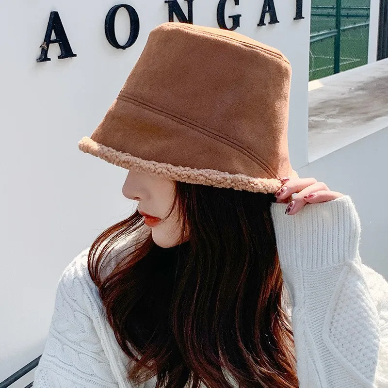 

Autumn Winter Suede Double-sided Lamb's Wool Fisherman's Hat Women's Korean Version Slim Hundred Wide Warm Bucket Hat