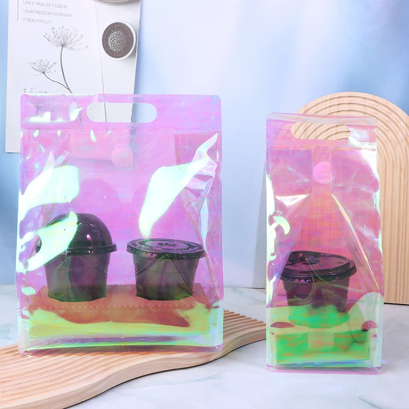 5/1Pcs High Grade Milk Tea Packaging Bag For Takeout Portable Bag Plastic Pink Laser Disposable Coffee Gift Packaging Bag