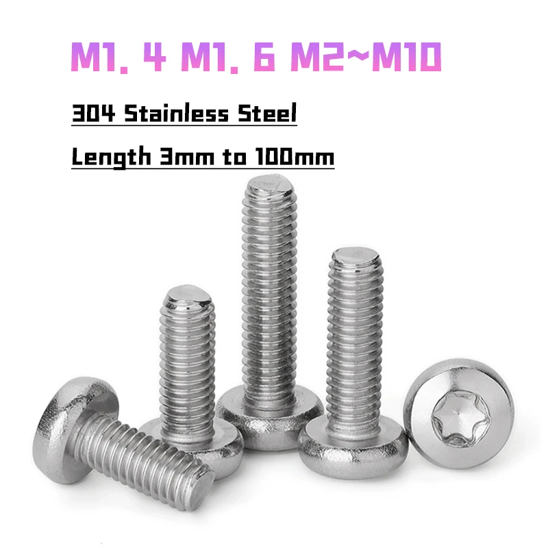 Torx Pan Head Screw M1.4 M1.6 M2 M2.5 M3 M4 M5 M6 M8 A2-70 304 Stainless Steel Six-Lobe Torx Button Head Screws Length 3mm~100mm