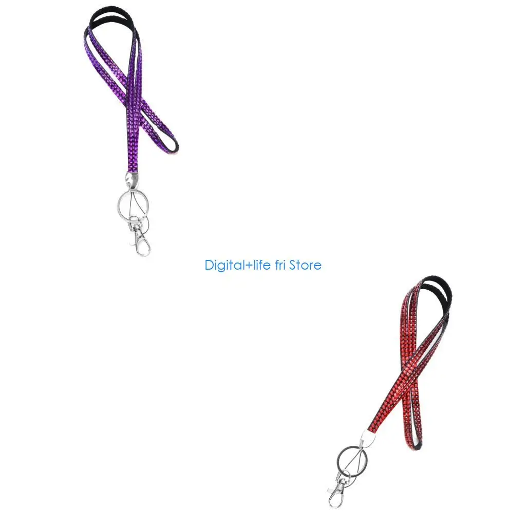 E06D Rhinestones Crystal Lanyard Badges Card Holder Rope with Metal Clip Mobile Phone Straps Lanyard Multi Color Neck Rope