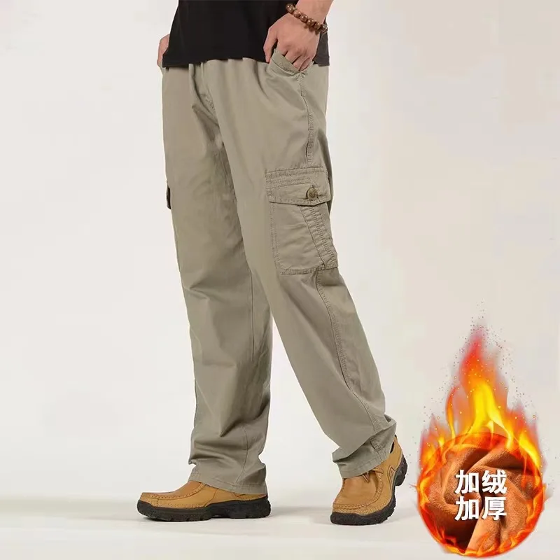 Autumn/Winter Padded Fleece-Lined Trousers, Middle-Aged/Elderly Fleece-Lined Thickened Versatile Cargo Men's Cotton Pants