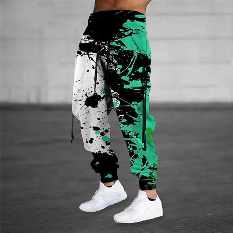 Men's Ink Splash Print Jogger Pants Color Block Casual Sweatpants Drawstring Waist Tapered Hip Hop Streetwear Sports Trousers