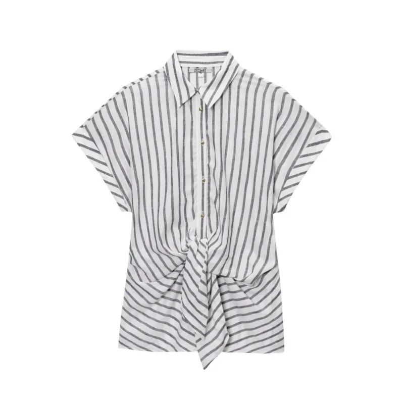 

TRAF Women Striped Print Shirts Short Sleeve Knot decoration Women's Shirts With Button Summer Blouses Female Tops