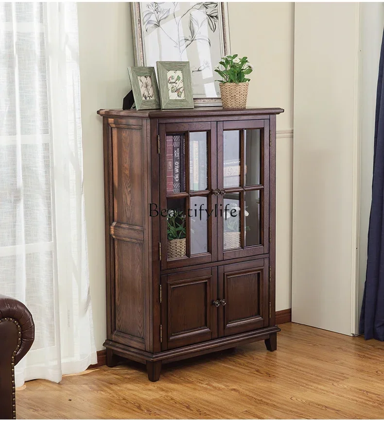 

ls 27 American solid wood wine cabinet American retro double door glass wine cabinet
