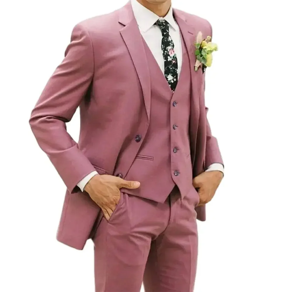 2024 Dusty Pink Men's Suits 3 Piece Jacket Pants Vest Outfits Notch Lapel Single Breasted Male Clothing Elegant Wedding Full Set