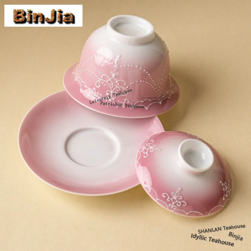126ml Gradient Pink Sancai Gaiwan Hand-painted Beaded Curtain Tea Tureen Tea Bowl With Lid Kit Tea Maker Cover Bowl Cha Gifts