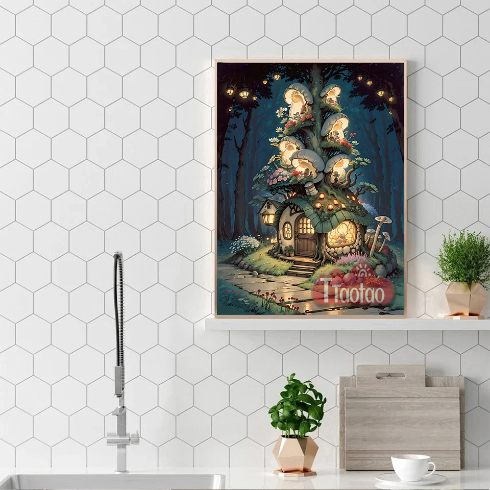 Cartoon Forest Mushroom House Scenery 5D Diy Full Square Round Mosaic Diamond Painting Handmade Rhinestone Embroidery Wallpaper