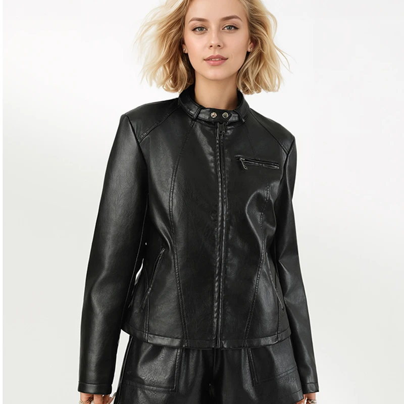 

Women's Fashion Jacket PU Leather Long Sleeve Zipper Short Coat Autumn Slim Fit Outerwear Casual Tops