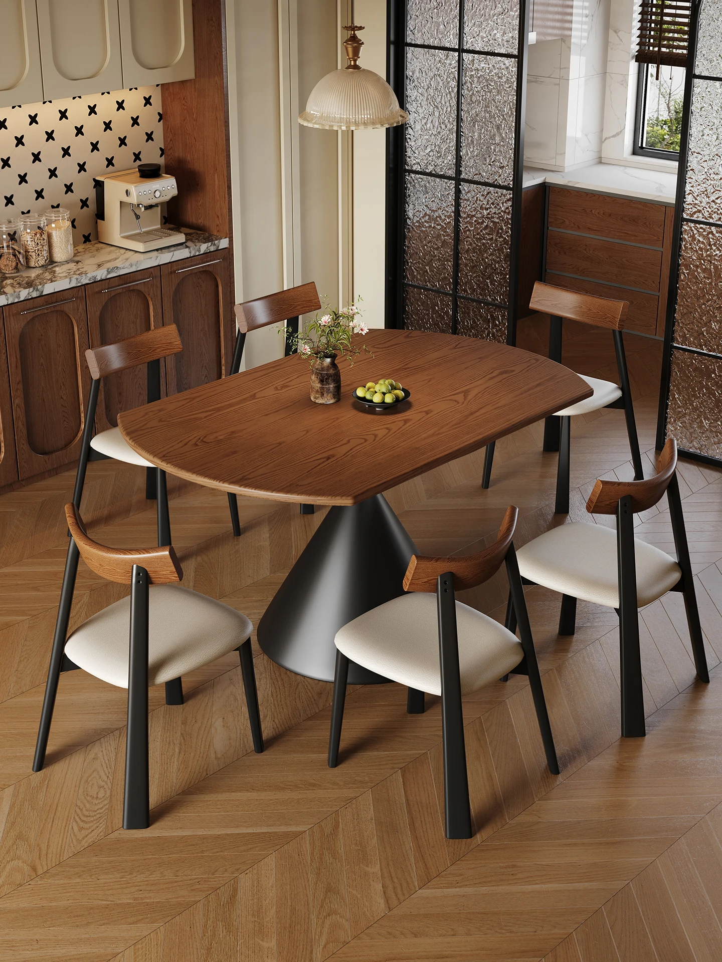 

French medieval style solid wood dining table and chair combination household small apartment living room telescopic folding