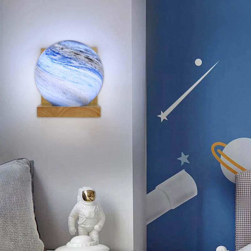 

Creative Planet Wall Lamp For Kids Room Baby Boys Bedroom Study Blue Cartoon Ball Earth Moon Wall Light Indoor Children Sconce