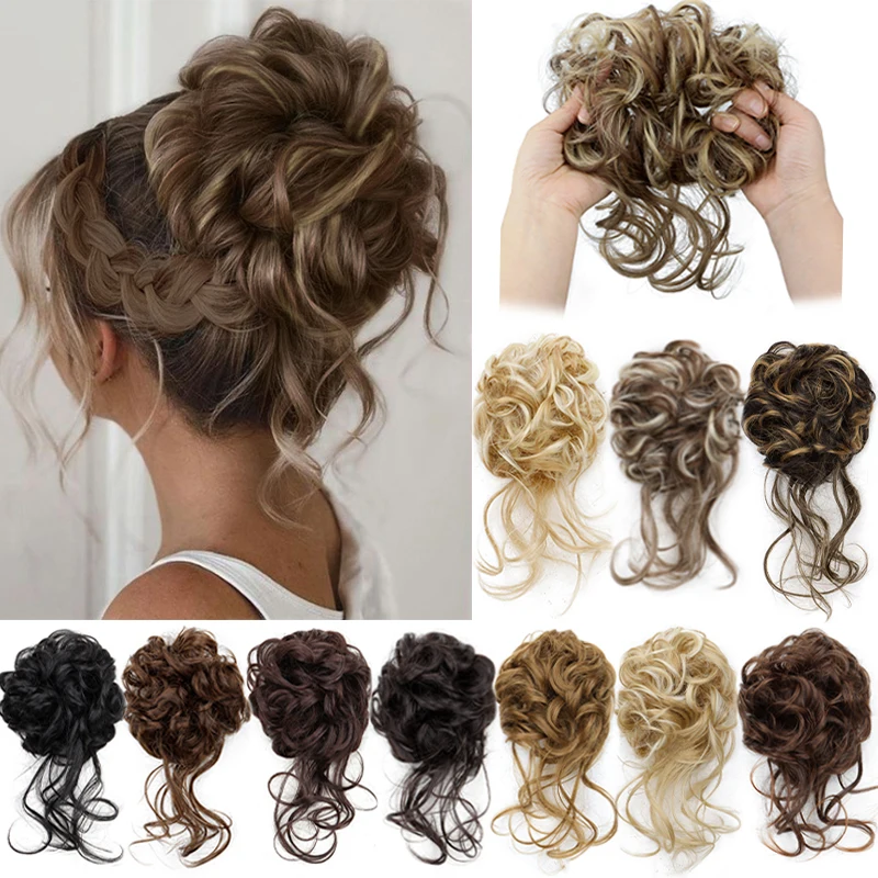 Moño de Pelo Sintético Elegante y Despeinado con Banda Elástica de Goma, Voluminoso y Fácil de Peinar, Adecuado para Uso Diario