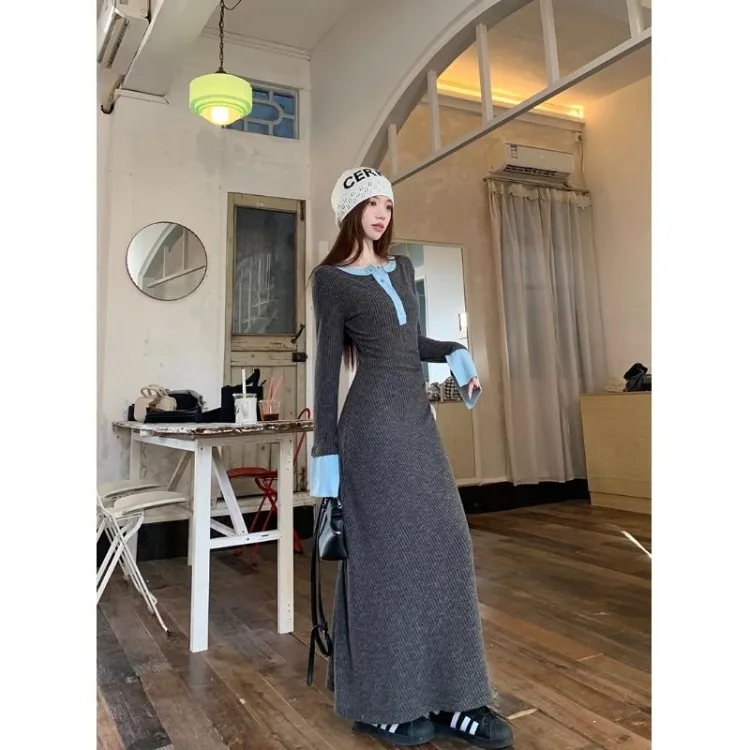 Korejepo Niche Contrasting Color Dresses Splicing Long Sleeved Dress Women Clothing Slim Knitted Hip Wrap Temperament Vestido