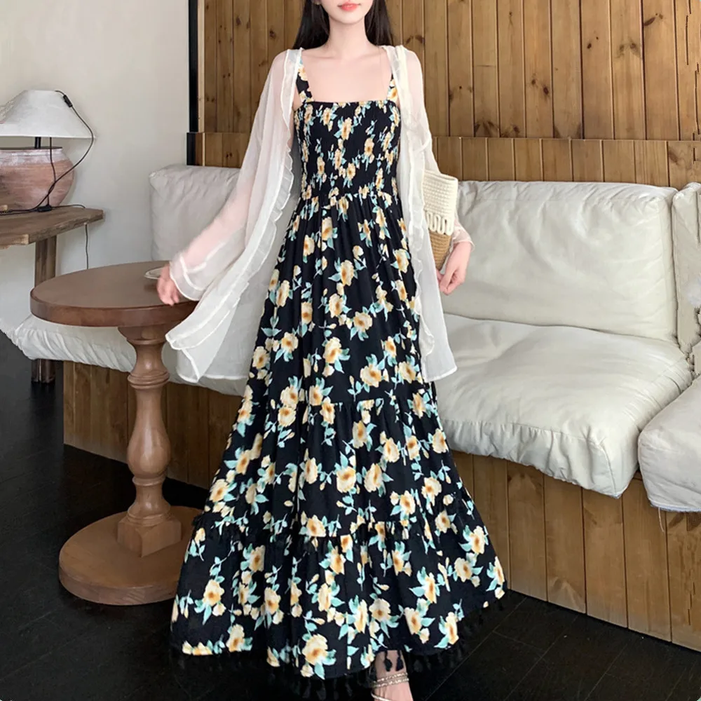 ハイウエスト花柄プリントマキシ丈サマーシンベールオープンカーディガンセット大きいサイズビーチウェア韓国風Aラインドレス